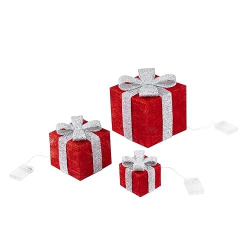 Bambelaa! 3er Led Deko Geschenke Leucht Boxen Timer Weihnachts Dekoration Weihnachtsdeko Beleuchtet Deko Weihnachten (Rot)