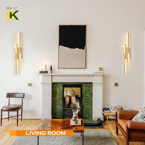 Image of Benkut Modern LED Vanity Lights Set of 2, Gold Wall Sconce with Remote Control Dimmable Indoor Wall Light Bedside Remote Sconce for Bedroom Bathroom Living Dining Room (27.6inch 2 Pack)