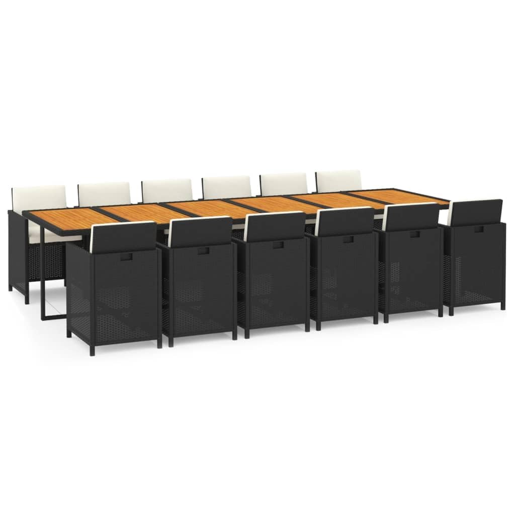 Conjunto de comedor de jardín con cojines de polirratán negro de 13 piezas para jardín, terraza, balcón, modelo sin reposapiés, 95626