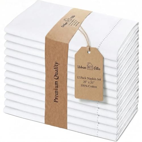 Urban Villa Cloth Napkins 100% Cotton Highly Absorbent Washable Reusable Premium Dinner Napkins Ideal for Gifts for Mothers Day Hotel Farmhouse Parties - White - Hemstitch (20' x 20', Set of 12)