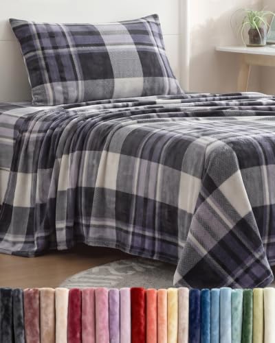 Image of Fleece Sheets Twin XL Size Set - 3-Piece Flannel Sheet Set - Grey Tartan