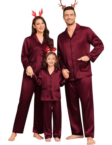 SWOMOG Seiden Pyjama-Set für Paare langärmliges Seidiges Pyjama Sets 2 Taschen Satin Nachtwäsche 2-teilig Button Down Pjs Damen und Herren Tiefes...