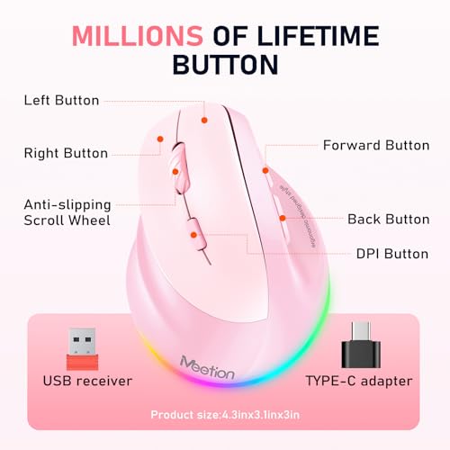 Image of MEETION Left-Handed Ergonomic Mouse, Vertical RGB Wireless Design, Pink | Comfortable vertical grip for left-handed users, rechargeable battery, Bluetooth 5.2 /3.0, USB-A receiver, 4 DPI settings