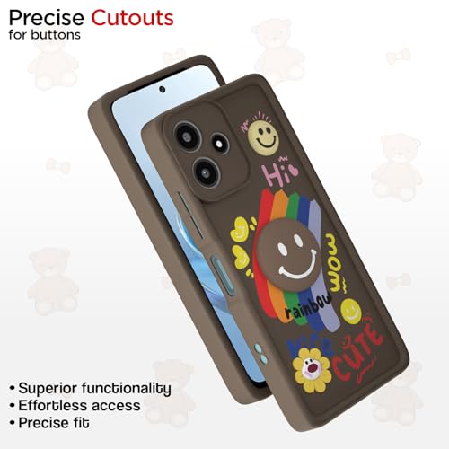 Image of Pikkme Back Cover for Redmi 12 5G / Poco M6 Pro 5G | Soft Silicone| Cute Rainbow Smile & 3D Cartoon Flower Design | Shockproof Raised Camera Protection Bumper Case (Brown)
