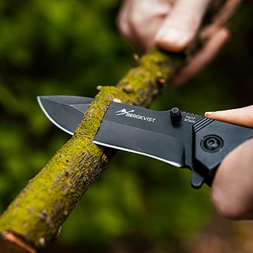 BERGKVIST K9 Folding Knife (One-Handed Knife) - Sharp Pocket Knife for Outdoor & Survival with Black Stainless Steel Blade, Whetstone & Belt Bag - Image 5