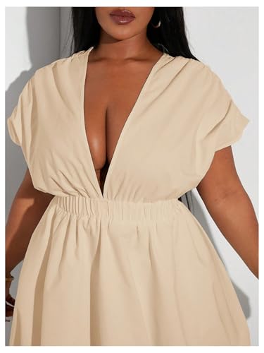 Image of WDIRARA Women's Plus Size Deep V Neck Bubble Dress Short Sleeve A Line Mini Dresses