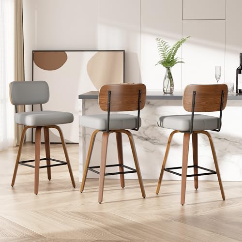 Image of Swivel Bar Stools Set of 3, 26 inch Upholstered Faux Leather Counter Height Barstools with Walnut Back & Bentwood Legs, Mid Century Modern Bar Chairs Island Stools for Kitchen Counter, Light Grey