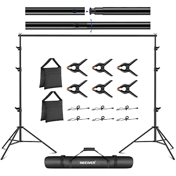 NEEWER Regulowany zestaw stojaków na tło 2 6 x 3 m system wsparcia tła fotograficznego z 4 poprzeczkami 6 zaciskami sprężynowymi 6 klipsami w tle 2 workami z piaskiem i torbą do przenoszenia na