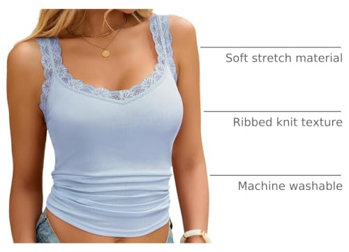 Image of Lace Camisole Tank Tops for Women V Neck Wide Strap Soft Ribbed Lace Trim Cami