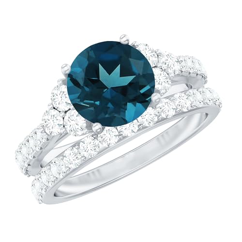 Real London Blue Topaz Engagement Ring With Wedding Band, AAA Quality, 8 mm Round Topaz Moissanite Bridal Ring Set