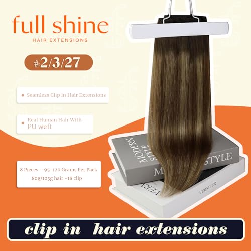 Image of Full Shine Seamless Clip in Hair Extensions, Dark Brown to Caramel Balayage | Remy Human Hair, 14 Inch 120g 8 Pcs, Invisible PU Weft, Thick Ends, Short-Length Volume, Full-Head Styling, Daily Wear