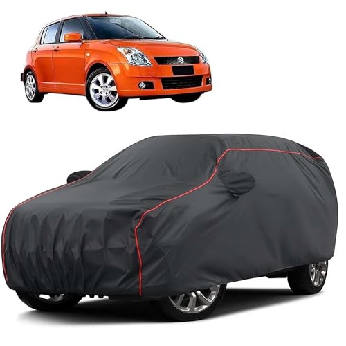 Image of Sulfar 100% Water Resistant Car Body Cover Compatible with Mirror for Maruti Suzuki Old Swift (Triple Stitched, Full Bottom Elastic, Dark Grey Taffeta with Red Piping)