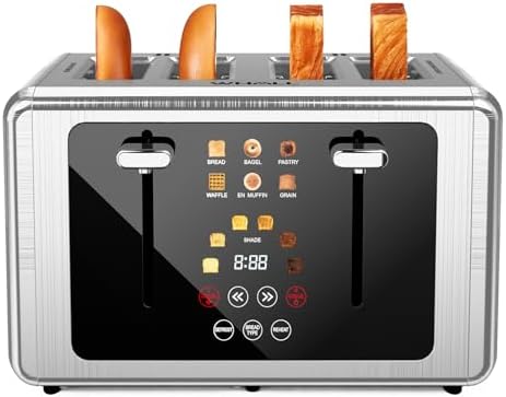 Whall 4-Slice Smart Toaster with Touchscreen & Extra-Wide Slots, Dual Independent Control, 6 Browning Levels & 6 Bread Types, Memory Function,Countdown Timer, Ideal Kitchen Gift,Silver
