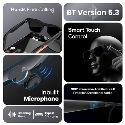 Image of Toreto Node Smart Audio Sunglasses with Bluetooth 5.3, Hands-Free Calling, Inbuilt Microphone, Smart Touch Control, 360 Immersive Audio, Type C Charging