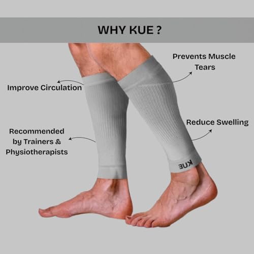 Image of KUE Compression Calf Sleeves for Running, Sports, & Medical Recovery | Graduated Support for Men & Women | Improves Blood Circulation, Reduces Swelling, Pain Relief | UV Protection (Grey, 2 Pairs, L)