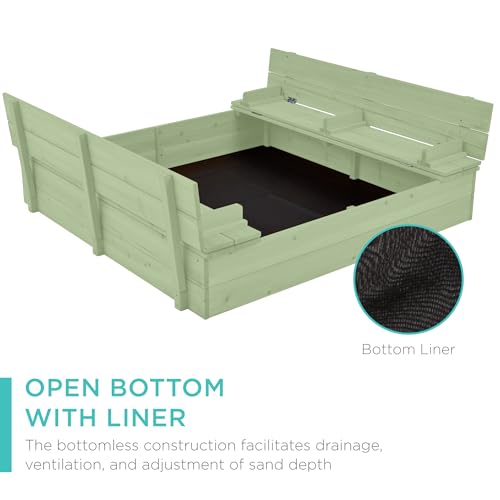 Image of Best Choice Products Large Outdoor Wooden Sand Box for Kids, Sandbox with Cover, Bench Seats Support up to 220 lbs, Bottom Liner for Drainage, Cedar Wood - Sage