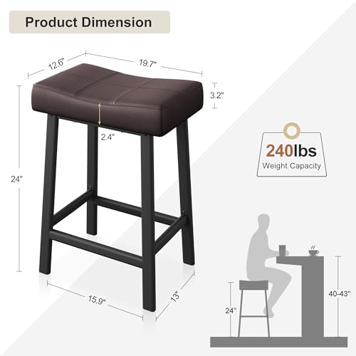 IDEALHOUSE Set de 2 Butacos Elegantes de 24 Pulgadas sin Respaldo, Asiento Curvado Tapizado en PU Leather con Estructura Metálica y Reposapiés para Cocina o Bar en Casa (Marrón) miniatura 3