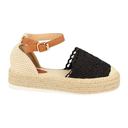 Sandalia de Mujer con Plataforma de Yute, Pala Cerrada de Rafia y Correa con Hebilla en el Tobillo. Primavera Verano 2020. Talla 38 Negro Cover