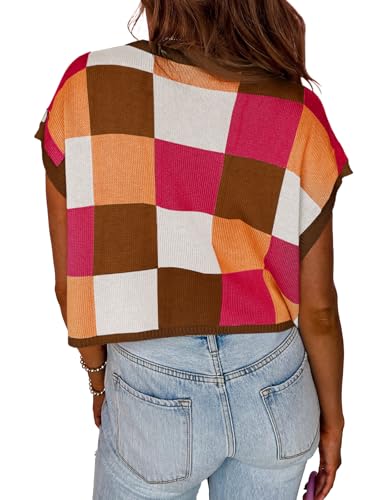 Image of Saodimallsu Womens Cap Sleeve Crop Tops Summer Color Block Going Out Crew Neck Knit Trendy Casual Sweater