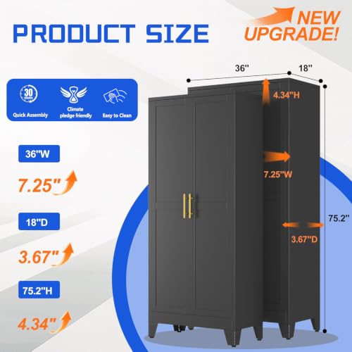 Image of GAIOUS 75.2 inch Tall Metal Storage Cabinet with 2 Doors and 5 Adjustable Shelves, New upgrade Kitchen Pantry Cabinet, Black Freestanding Cupboard, 6 Tier Steel Storage for Office, Kitchen, Dining, Garage