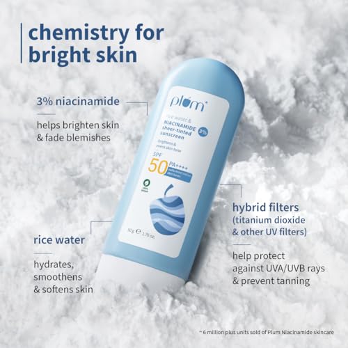 Image of Plum Rice Water & 3% Niacinamide Sheer-Tinted Sunscreen SPF 50 PA++++ | Suitable for Most Indian Skin Tones | Sheer Coverage | Non-Oily | Women | Fragrance-free | 100% Vegan | 50gm