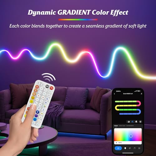 Image of Smart LED Neon Rope Lights, WiFi Gradient RGB+IC Rope Lights Indoor with Remote, Waterproof Flexible DIY LED Strip Lights for Bedroom, Cuttable, Music Sync, Compatible with Alexa, 16.4ft