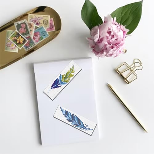 Image of FREEBLOSS 6 Set Bookmark Cross Stitch Kits Stitch Bookmark Cross Stitch Kits with Instructions Feather Pattern Punch Needle Kit for Beginners Bookmark Making Kit for Gift