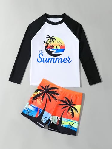 Kids Boys 2 Pcs Rash Guard Sets UPF 50+ Swim Shirts with Boardshorts Athletic Swimsuits3