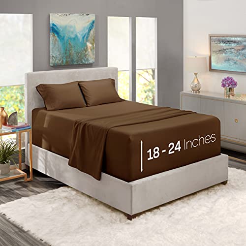 Image of Nestl Full Bed Sheet Set - Chocolate Brown - 4-Piece Extra Deep Pocket | Instantly Soft, Night-One Ready (No Wash Required). Fits Extra Deep Pockets up to 24 Inches, 360-Degree Elastic Grip