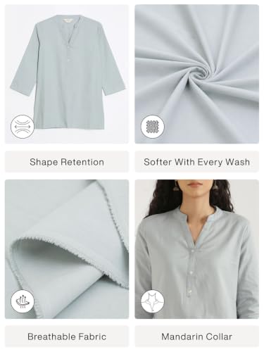 Image of SAADAA Women Short Kurti Airy Linen Regular Fit Kurta with 3 /4th Sleeves, Mandarin Collar, Side Slit Perfect for Casual, Formal, and Ethnic Wear