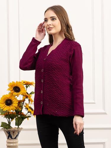 Image of Women's Winter Woolen Cardigan | Full Sleeve Textured Buttoned Sweater for Women | Soft Wool V-Neck Warm Knitted Outerwear for Office & Casual Wear
