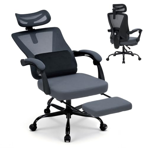 Image of Ergonomic Office Desk Chair with Foot Rest - Adjustable Lumbar Support & Headrest, 90-160 Reclining Mesh Back Computer Chair - Home Office /Gaming for Adults, 400lbs Capacity (Gray)