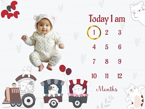 Image of Baby Monthly Milestone Blanket | 1-12 Months | Soft All-Season AC Blanket | Ideal for Newborn Boys & Girls | Perfect Growth Tracker & Photoshoot Prop with Animal Train | 120x90 cm