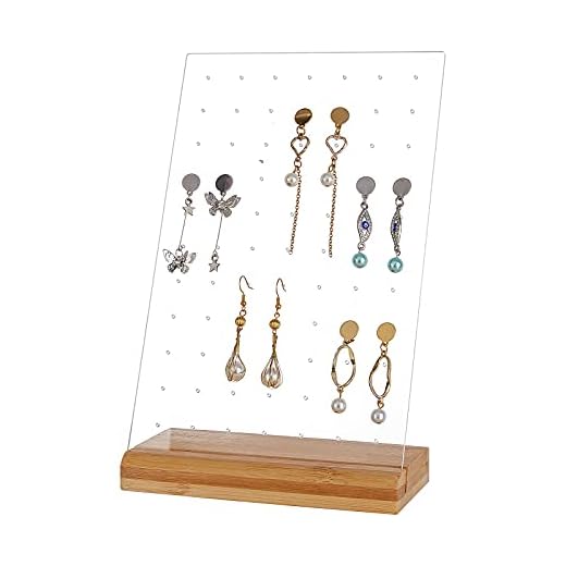 PandaHall Örhänge stud display Pegboard kristall akryl örhänge hängare bräda örhänge hållare stativ organiserare med träbas för örhänge halsband smycken display, 77 hål, 24 x 15 cm/9,4 x 5,9 tum