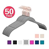 MIZGI Premium Velvet Shirt Hangers (Pack of 50) - Non Slip Felt Dress Hangers Gray - Copper/Rose Gold Hooks,Space Saving Clothes Hangers (Gray)