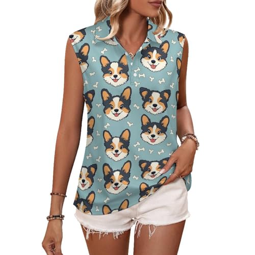 Camiseta de golf sin mangas para mujer, con estampado de perro de dibujos animados, cuello en V, camiseta de tenis, Style-21, Large