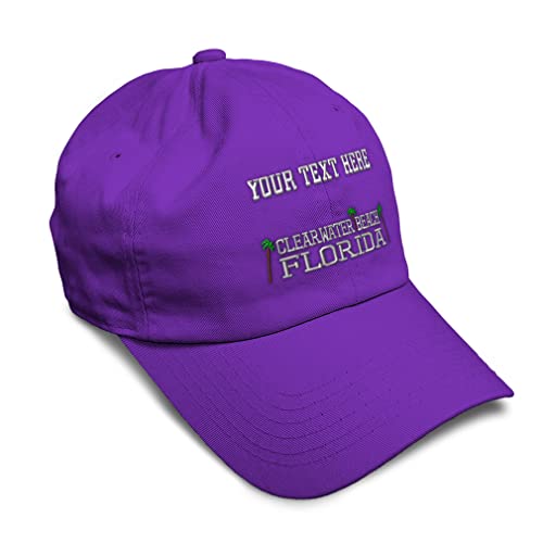Custom Soft Baseball Cap Clearwater Beach Florida Embroidery State Map Names Vacation Twill Cotton Country Dad Hats for Men & Women Purple Personalized Text Here