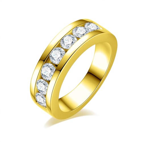 Idocare Moissanite Wedding Band D Color VVS1 Round Brilliant Cut 14K Yellow Gold Plated 925 Sterling Silver Eternity Band Rings for Women and Men