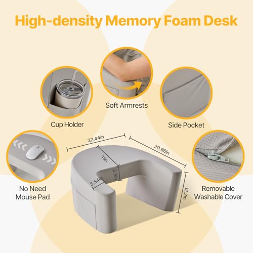Image of Sweetcrispy Ergonomic Lap Desk Reading Pillow with Storage Pockets, Grey | Supportive Arm Rests, Breathable Fabric Large Desk, Seemless for Mouse Use, Removable Washable Cover, Memory Foam