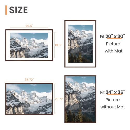 Image of upsimples 24x36 Poster Frame, Display Pictures 20x30 with Mat or 24 x 36 Without, Wall Hanging Picture Frames, Brown, 1 Pack