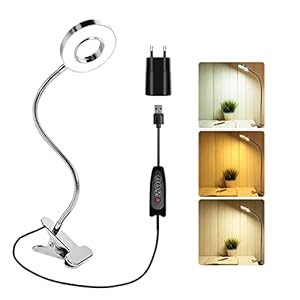 7W Lampe de Bureau Argent avec Pince et Adaptateur, 48 LED Lampe pour Makeup, 3 Couleur et 10 Intensite, LED Lampe USB Flexible, Clip Lampe de Lecture au Lit Enfant, Lampe Pince pour PC
