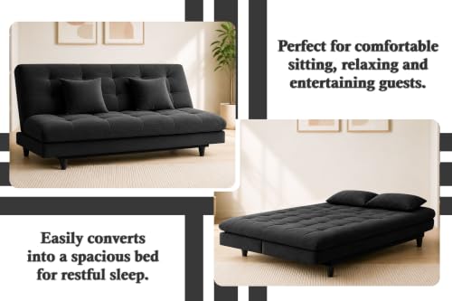 Image of Los Angeles Modern Convertible Futon Sofa Bed, Tufted Upholstered Folding Couch with Adjustable Backrest, Space Saving Sleeper Sofa for Living Room, Apartment, Office, Dorm & Guest Room - Black