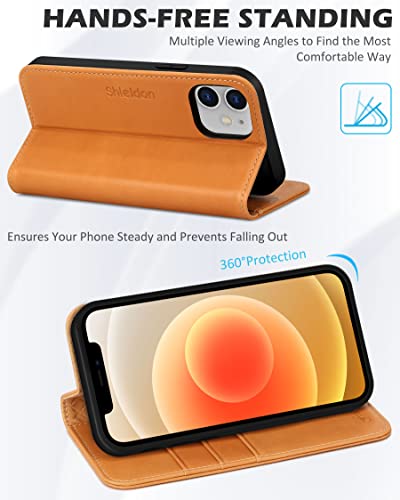Shieldon Case For Iphone 12/12 Pro, Genuine Leather Wallet Folio Case Rfid Blocking Card Holder Kickstand Shockproof Protection Case Compatible With Iphone 12/12 Pro 5G 6.1" 2020 - Brown #TOP4