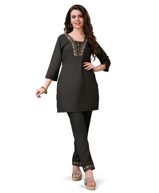 MOJILAA Women Linen Floral Print Causal Co-ord Set | Linen Co-ord Set | Printed Co-ord Sets | Causal Wear | A-line Co-ord | Top and Bottom Wear – Charcoal Brown