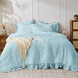 JOLLYVOGUE Light Blue Queen Comforter Set, 3 Pieces Seersucker Comforters Queen Size, Lightweight & Fluffy Bedding Sets for All Season with 1 Ruffle Comforter & 2 Ruffle Pillowshams