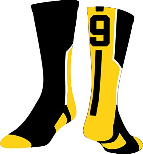 TCK Player Id Number Crew Sock (SINGLE SOCK) - Black/Gold/White (Medium, 9)