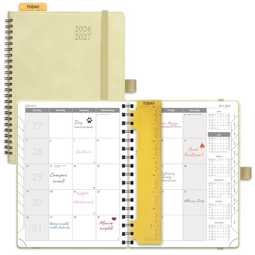 POPRUN 2026-2027 Monthly Planner, 6.5" x 8.5", 18 Month Calendar (July 2026 to December 2027) with Expense Tracker, Notes Pages, Sprial Bound, Leather Softcover - Beige
