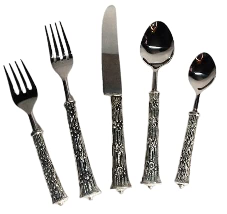 Cutlery Flatware Set of 5 PES Made of Brass Metal Embossed Handle with Silver Antiqued Finished and Head Made of Stainless Steel Metal with Shiny Mirror Polished.