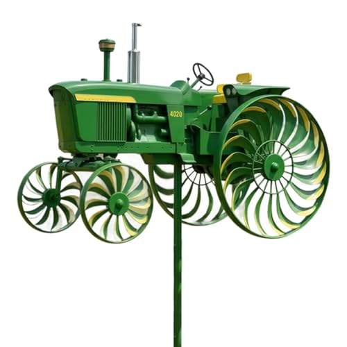 Garden Wind Spinner Green Tractor Windmill Stake with Rotating Wheels for Patio Yard Garden Unique Outdoor Sculptures Ornament Gift for Friends Family