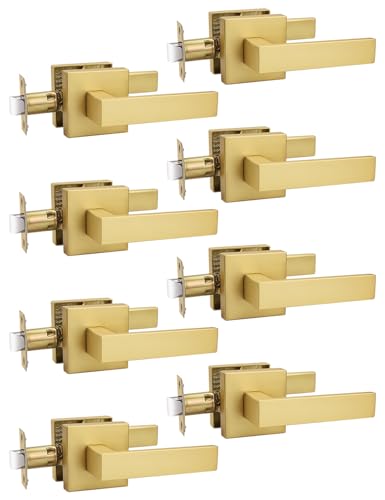Tinewa 8 Pack Gold Keyless Square Levers Handles, Satin Brass Finish, Interior Passage Door Locksets for Hall Closet Door Knobs Lock Reversible Right & Left Handed